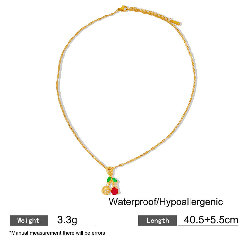Sporty Sweet Gold Plated Brass Cherry Pendant Titanium Steel Necklace for Unisex