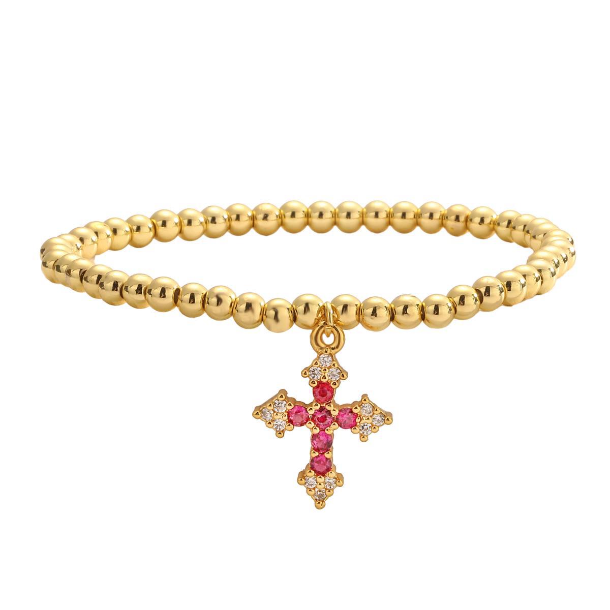 Pulsera de cobre con colgante de cruz geométrica minimalista para mujer con detalles de circonia micropavé