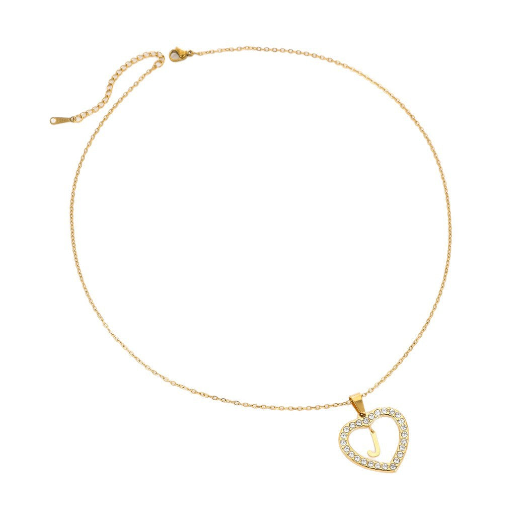 Fashionable Heart-Shaped Stainless Steel Necklace with 18K Gold Plating and Zircon Inlay for Women