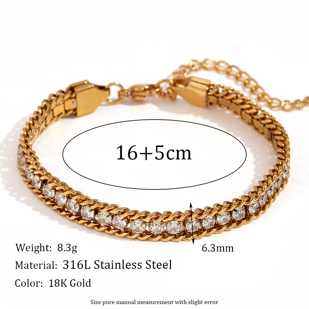 Fashionable Geometric Stainless Steel Plated 18K Gold Triple Twisted Beaded Zirconia Bracelet for Women