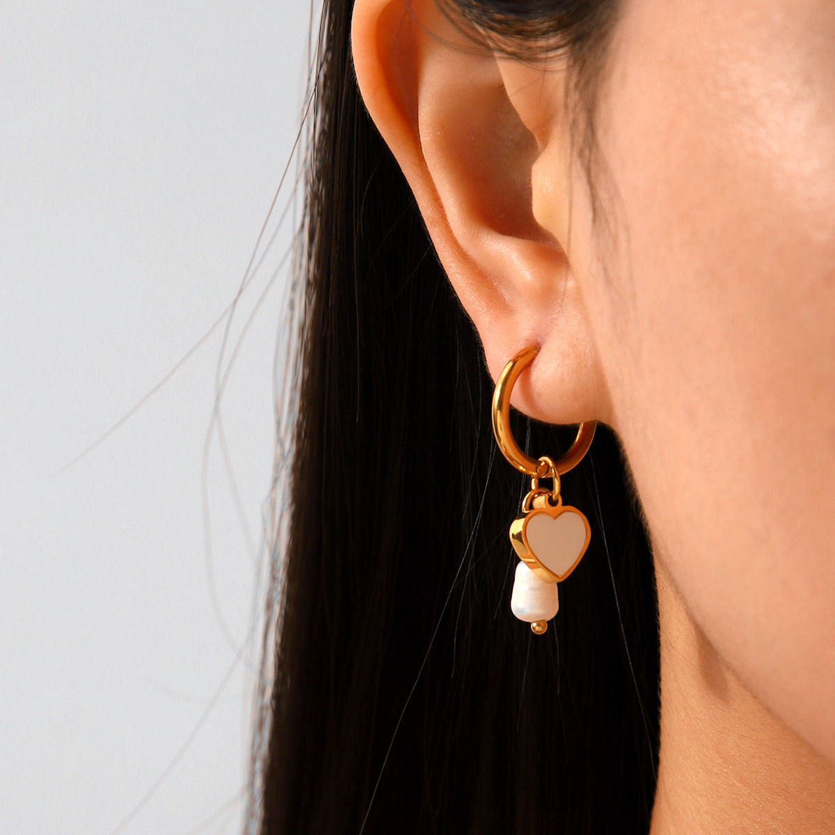 Minimalist Heart Star Pearl and Abalone Inlaid Stainless Steel Earrings for Women with Plated Finish