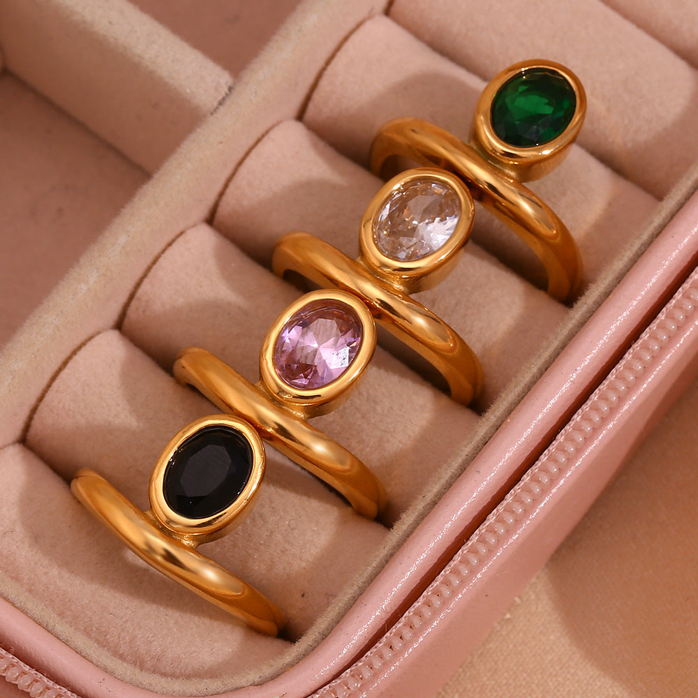 Anello Minimalista a Corona Ovale con Zirconi da Donna in Acciaio Inossidabile Placcato Oro 18K