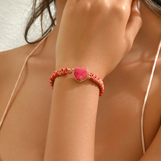 Bracciale da donna in pietra naturale a forma di cuore geometrica e all'avanguardia con lavorazione artigianale intrecciata a mano