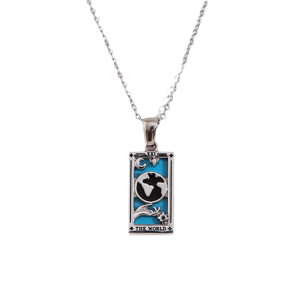Vintage Tarot Card Pendant Necklace for Women Stainless Steel with 18K Gold Plating Geometric Four-Sided Design Fashion Office Style
