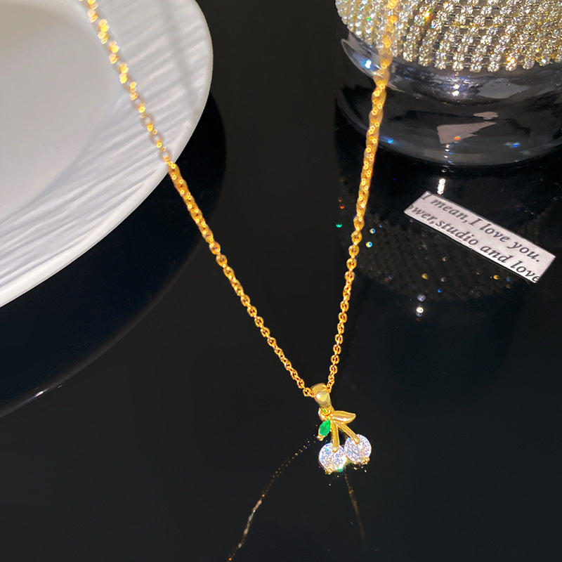 Sweet Rhinestone Cherry Fruit Pendant Titanium Steel Necklace with Cable Chain