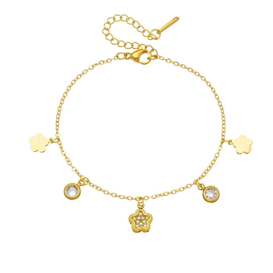 Gold Plated Stainless Steel Heart Floral Rhinestone Pendant Bracelet for Women