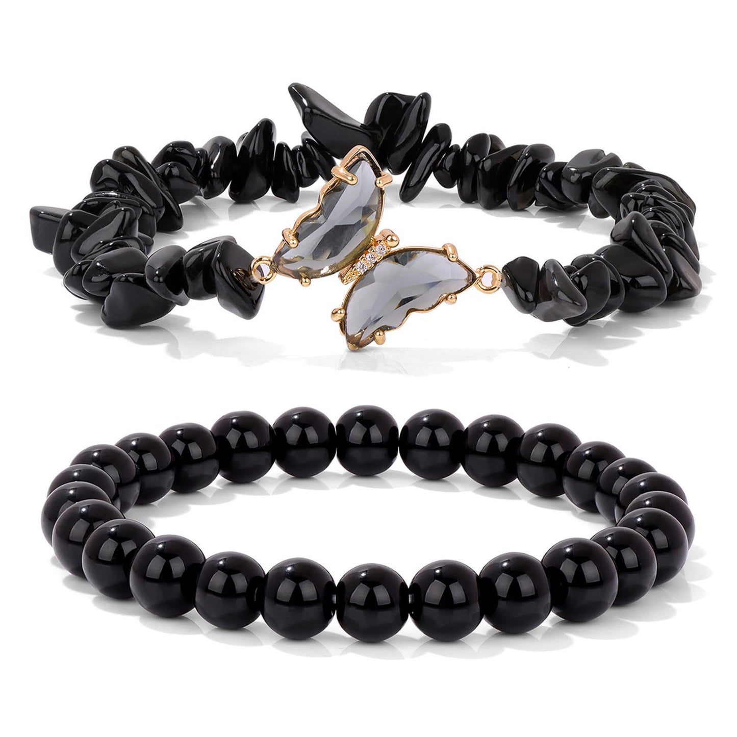Minimalist Natural Amethyst and White Cat's Eye Crystal Chip Beaded Bracelet with Butterfly Charm for Women