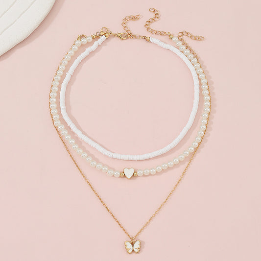 Butterfly and Heart Pendant Necklace Set for Girls Alloy Butterfly-Shaped Pendant with Pearl Chain Minimalist Children's Necklace