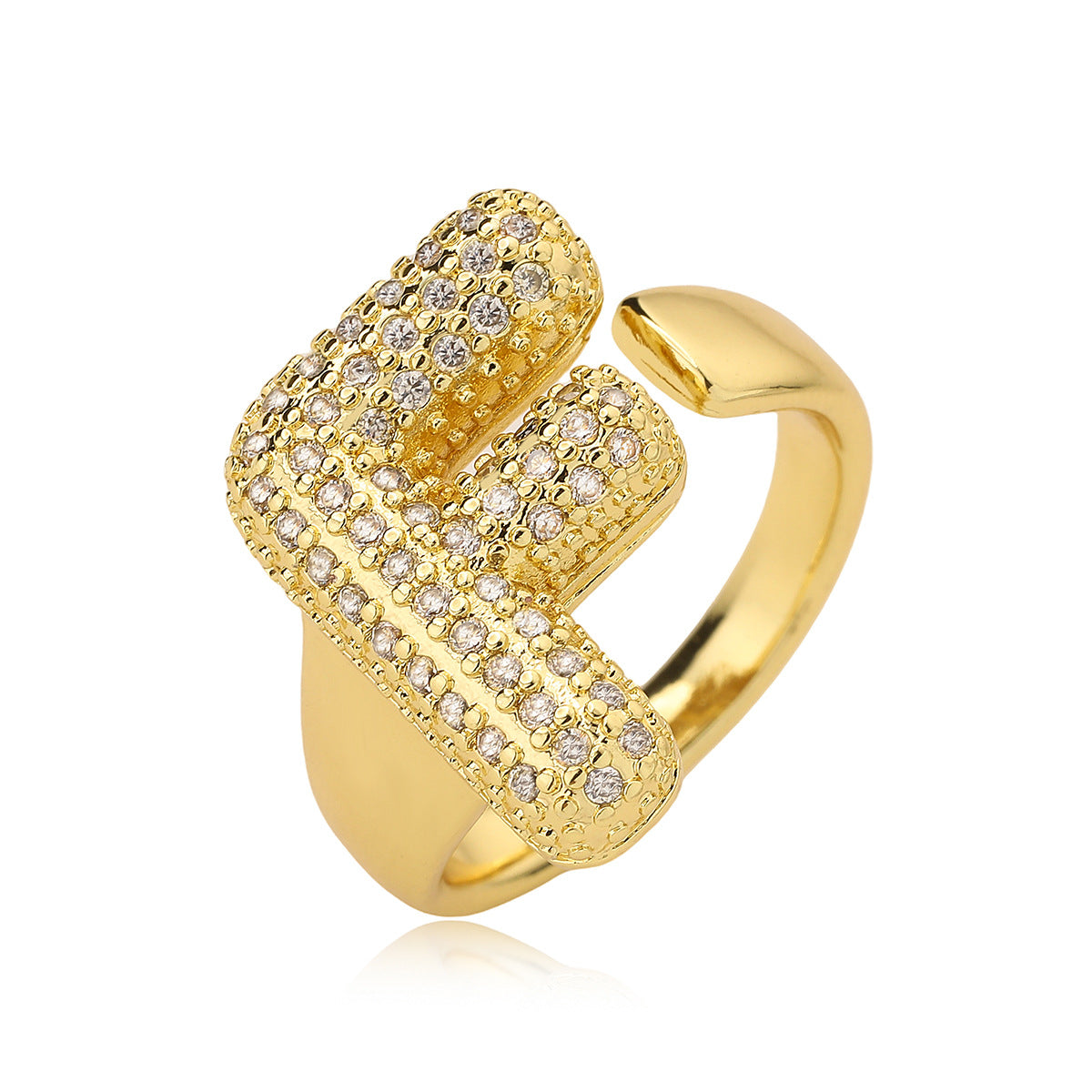 Minimalist Geometric Letter Zirconia Ring for Women in Copper with Gold Plating and Micro-Pavé Setting