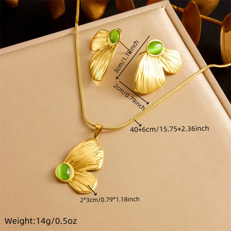 Vintage Sweet Oval Green Cat's Eye Butterfly Stainless Steel Plated Necklace and Earring Set with Snake Chain