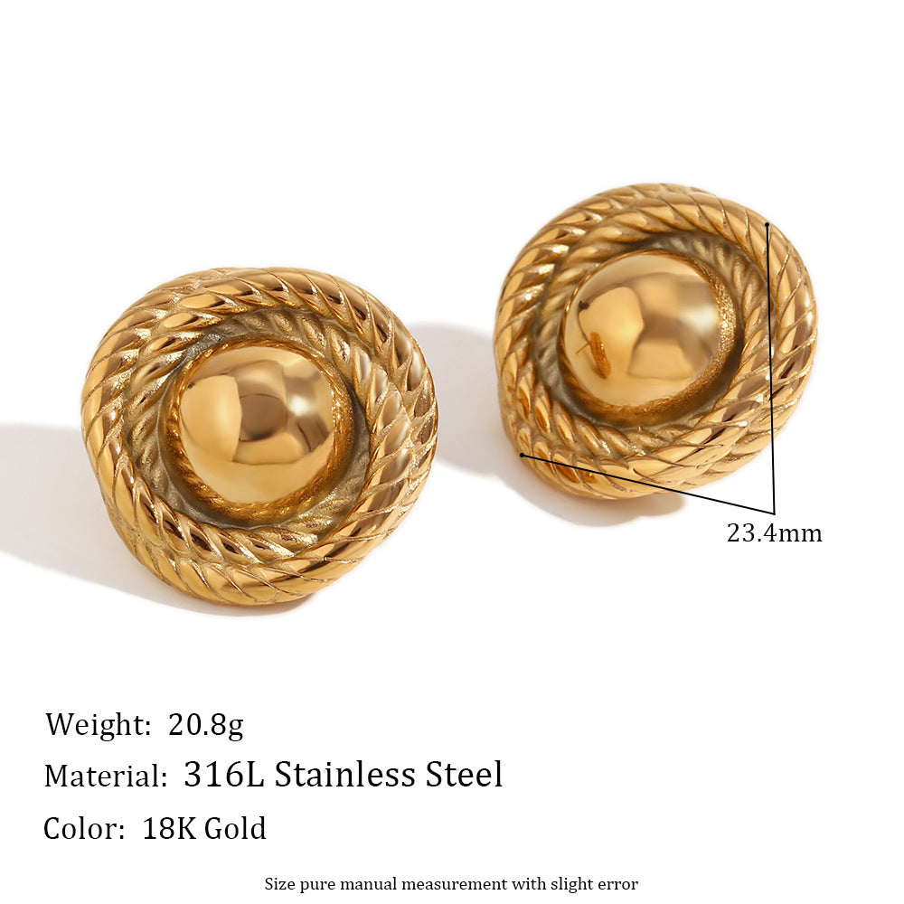 Orecchini a perno geometrici vintage alla moda in acciaio inossidabile con placcatura in oro 18 carati e design a bottone circolare testurizzato