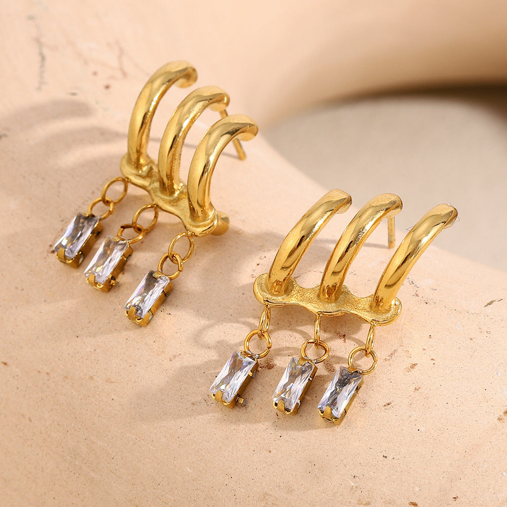 Fashionable Geometric Stainless Steel Earrings with 18K Gold Plating and Zircon Fringe for Women