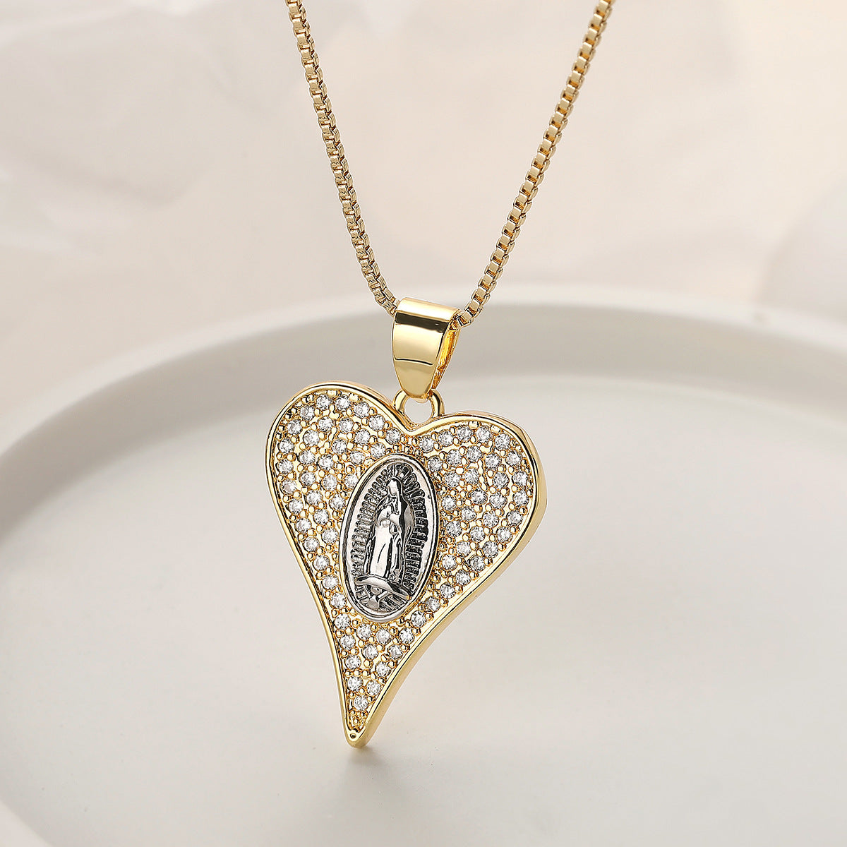 Minimalist 18K Gold Plated Brass Cross and Heart Pendant Necklace with Cubic Zirconia for Women