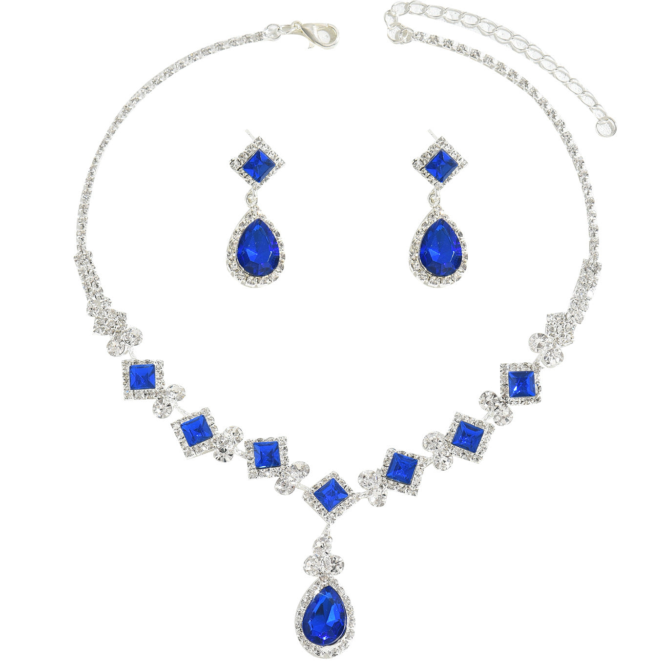 Set di collana e orecchini a goccia quadrata minimalista di lusso blu con strass da donna con design geometrico e intarsio di zirconi cubici