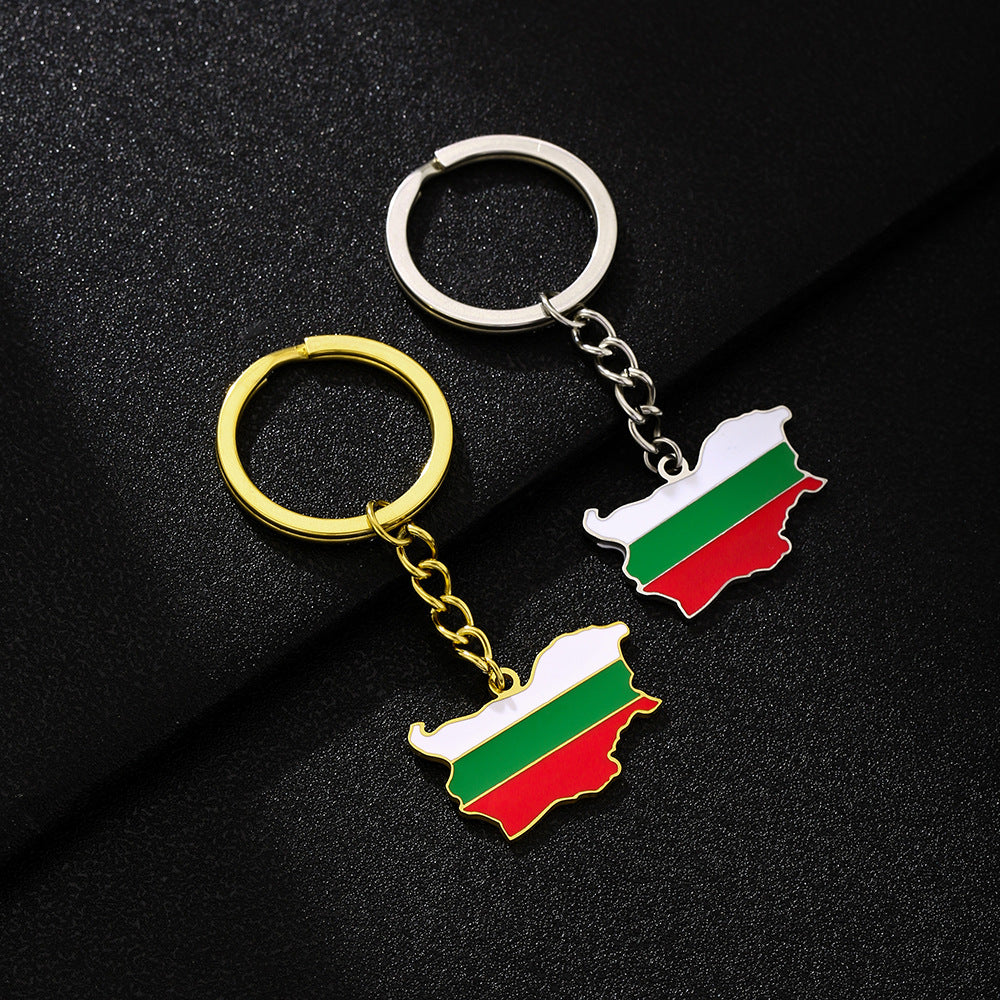 Llavero Vintage de Acero Inoxidable Esmaltado Estilo Étnico con Mapa de Bulgaria y Bandera