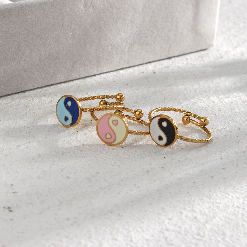 Minimalist Geometric Stainless Steel Adjustable Circle Bagua Ring with 18K Gold Plating for Women