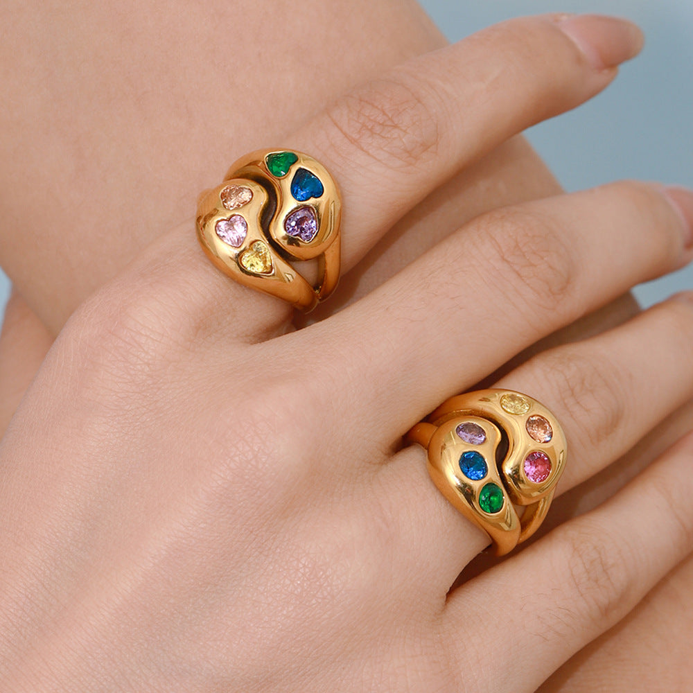 Anello Geometrico da Donna in Acciaio Inossidabile e Acciaio al Titanio con Intarsio di Strass, Placcato, Accessorio di Moda Lussuoso e Minimalista
