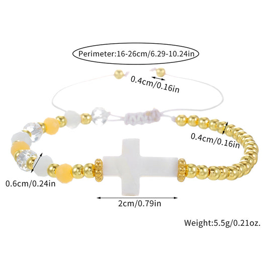 Bracciale regolabile stile bohémien con conchiglia e ciondoli a croce, perline di cristallo e vetro, design fatto a mano per donne