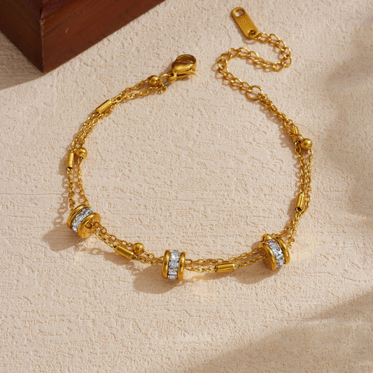 Elegant Gold Plated Stainless Steel Round Geometric Rhinestone Layered Bracelet for Women