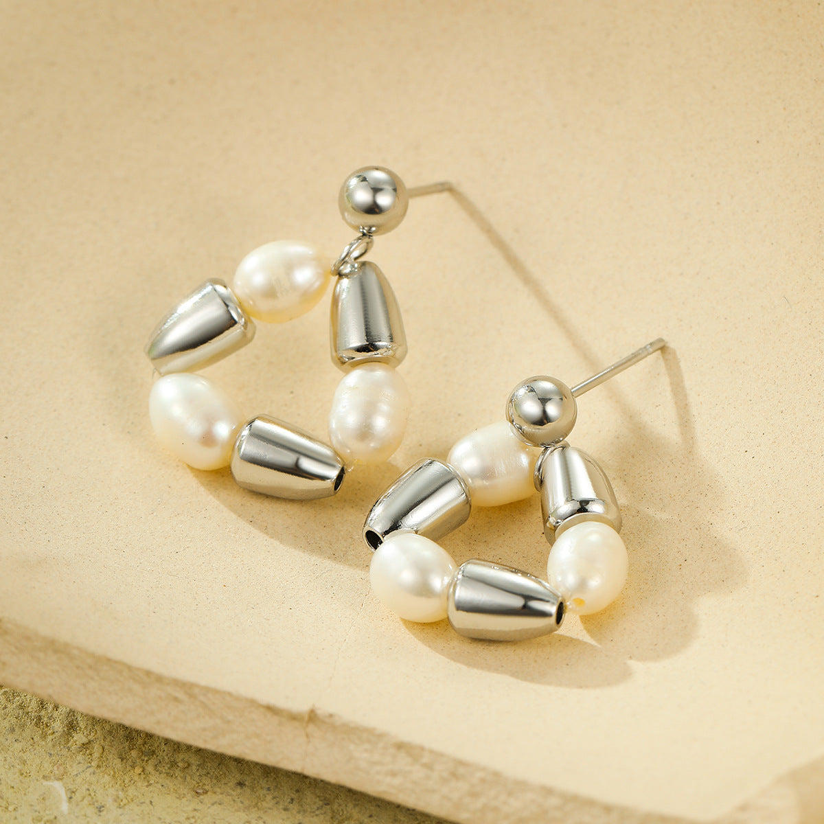 Minimalist Geometric Titanium Steel Stud Earrings with Pearl Inlay for Women, Electroplated Luxury Fashion Accessory