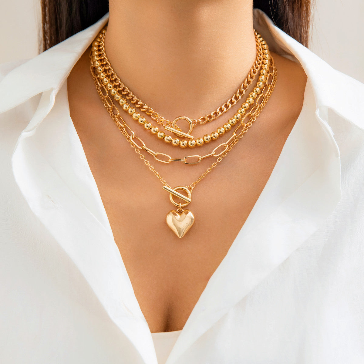 Hip-hop Minimalist Geometric Heart Alloy Plated Necklace with Curb Chain for Women