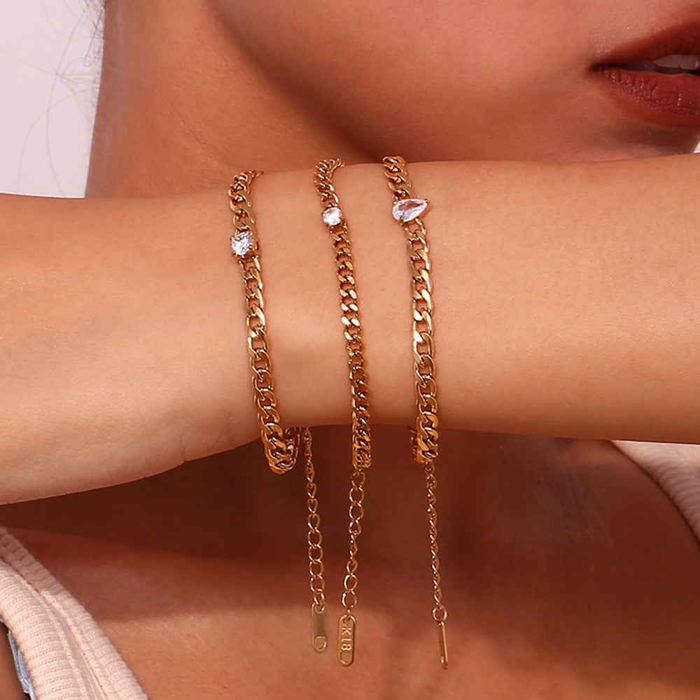 Minimalist Fashionable Women's Stainless Steel Plated 18K Gold Round Zircon Snake Chain Bracelet with Geometric Design
