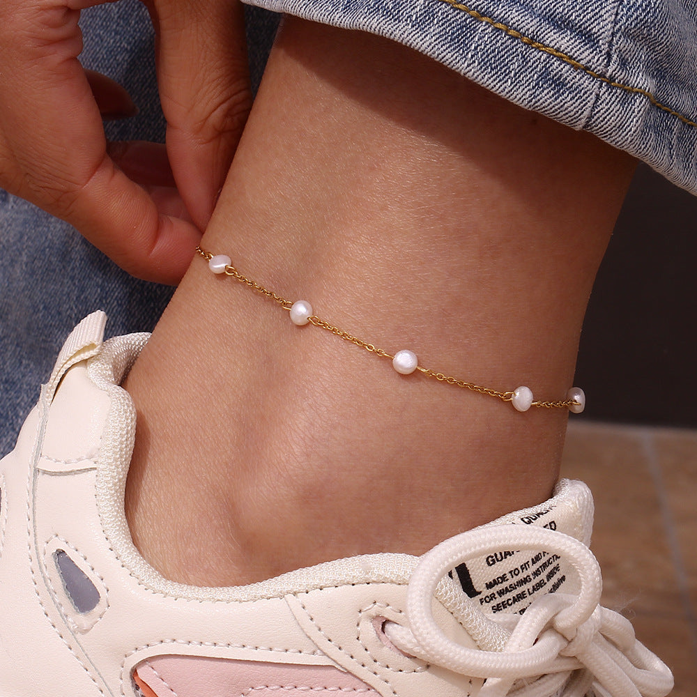 Tobillera Minimalista Geométrica de Perlas de Agua Dulce para Mujer con Zirconia Microincrustada en Cadena de Cuerda de Cáñamo