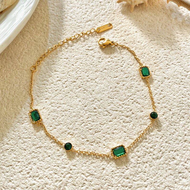 Gold Plated Titanium Steel Square Emerald Micro-set Cubic Zirconia Bracelet Geometric Unisex