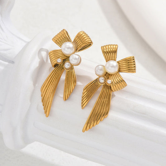 Minimalist Bow and Geometric Shape Zinc Alloy Earrings with Pearl Inlay for Women