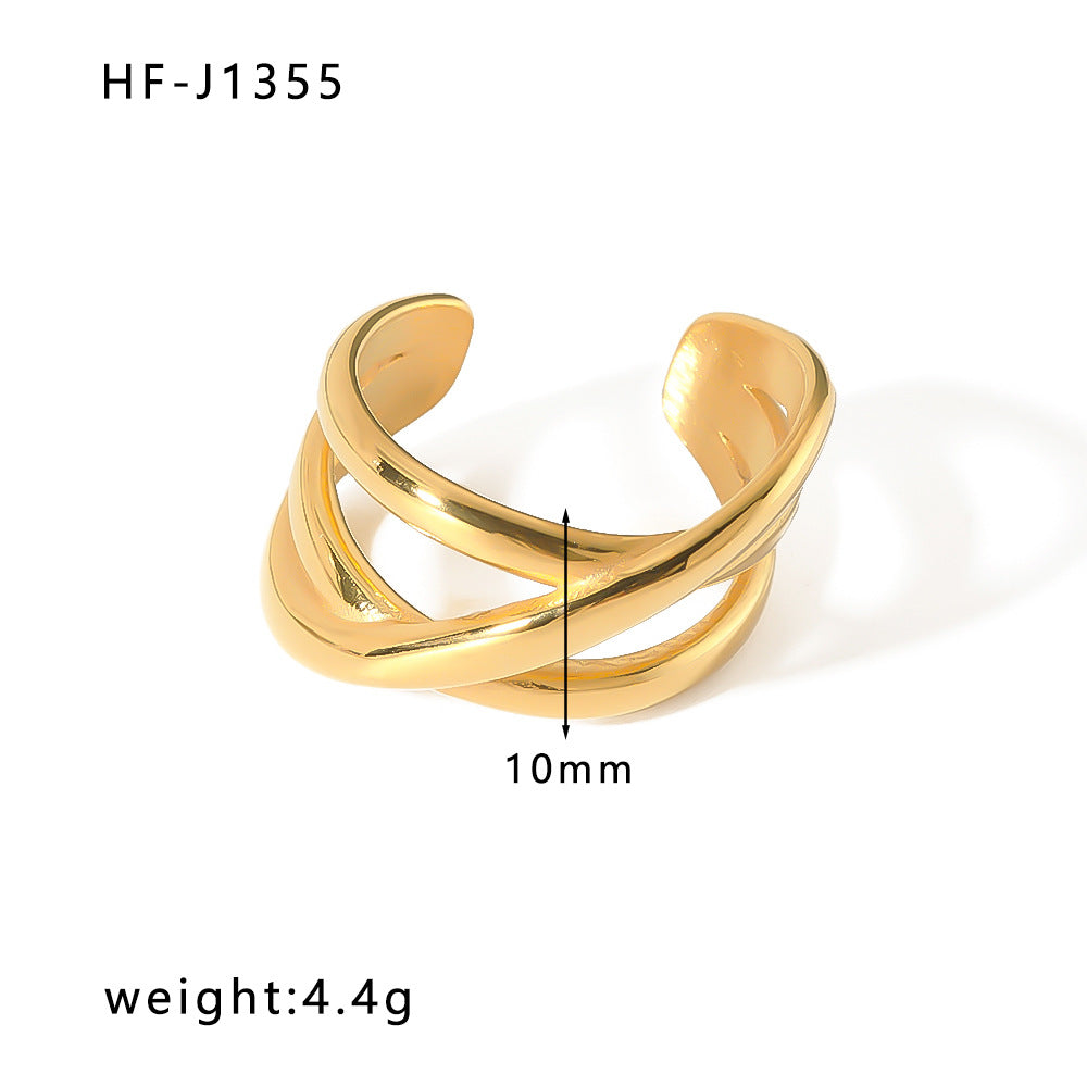 Vintage Geometric Open-Ended Stainless Steel Ring with 18K Vacuum Gold Plating for Unisex Wear