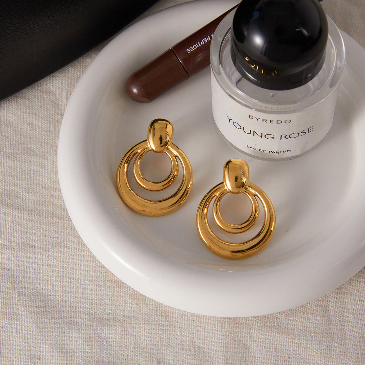 Pendientes de Doble Capa Huecos de Acero Inoxidable con Baño Geométrico, Elegantes y Minimalistas, para Mujer