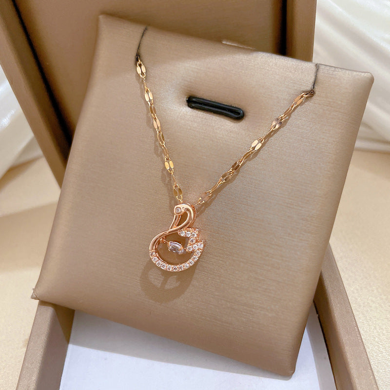 Sweet Elegant Geometric Rhinestone Inlay Titanium Steel Necklace with Brass Pendant Cable Chain for Unisex