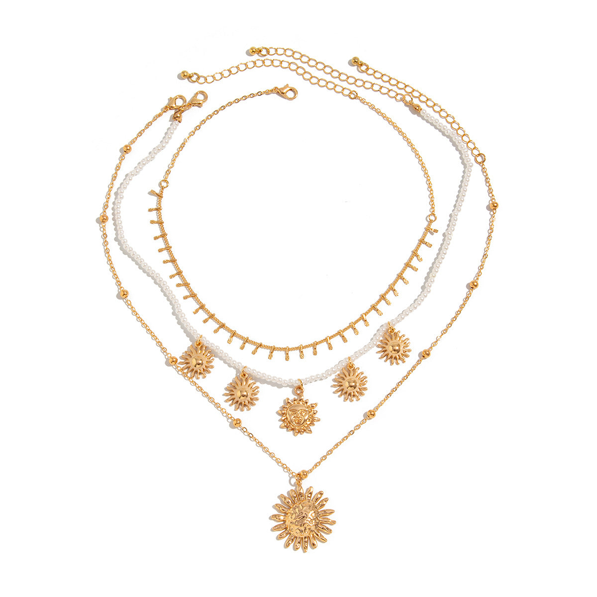 Collar Minimalista Étnico con Colgante de Sol para Mujer con Perlas de Imitación y Cadena de Aleación Chapada