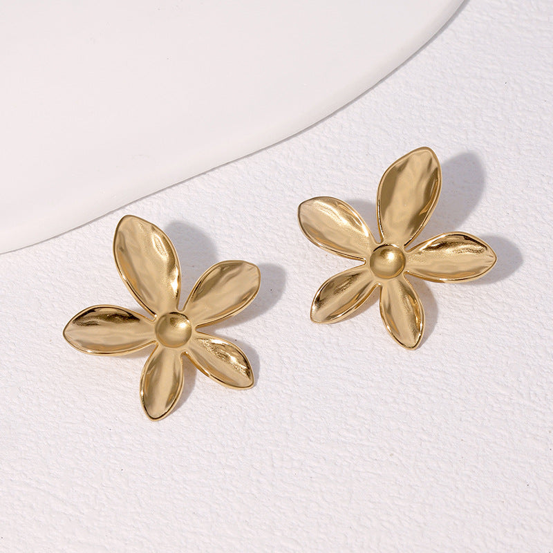 Minimalist Floral Stainless Steel Earrings for Women with Vacuum Plated 18K Gold Finish Titanium Steel Posts