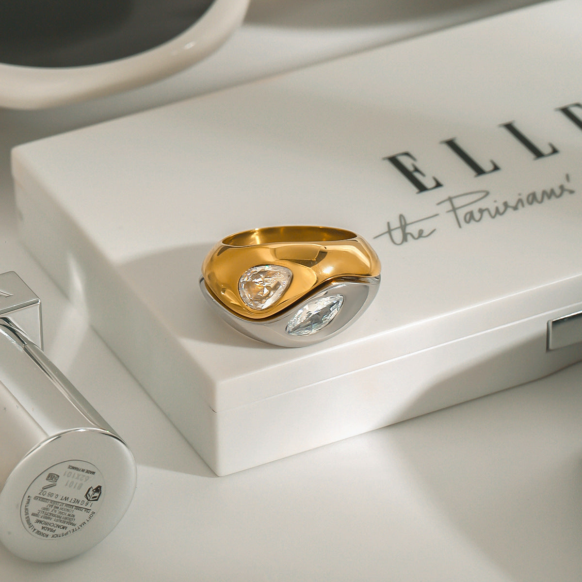 Minimalist Geometric Stainless Steel Plated Ring with Rhinestones for Women