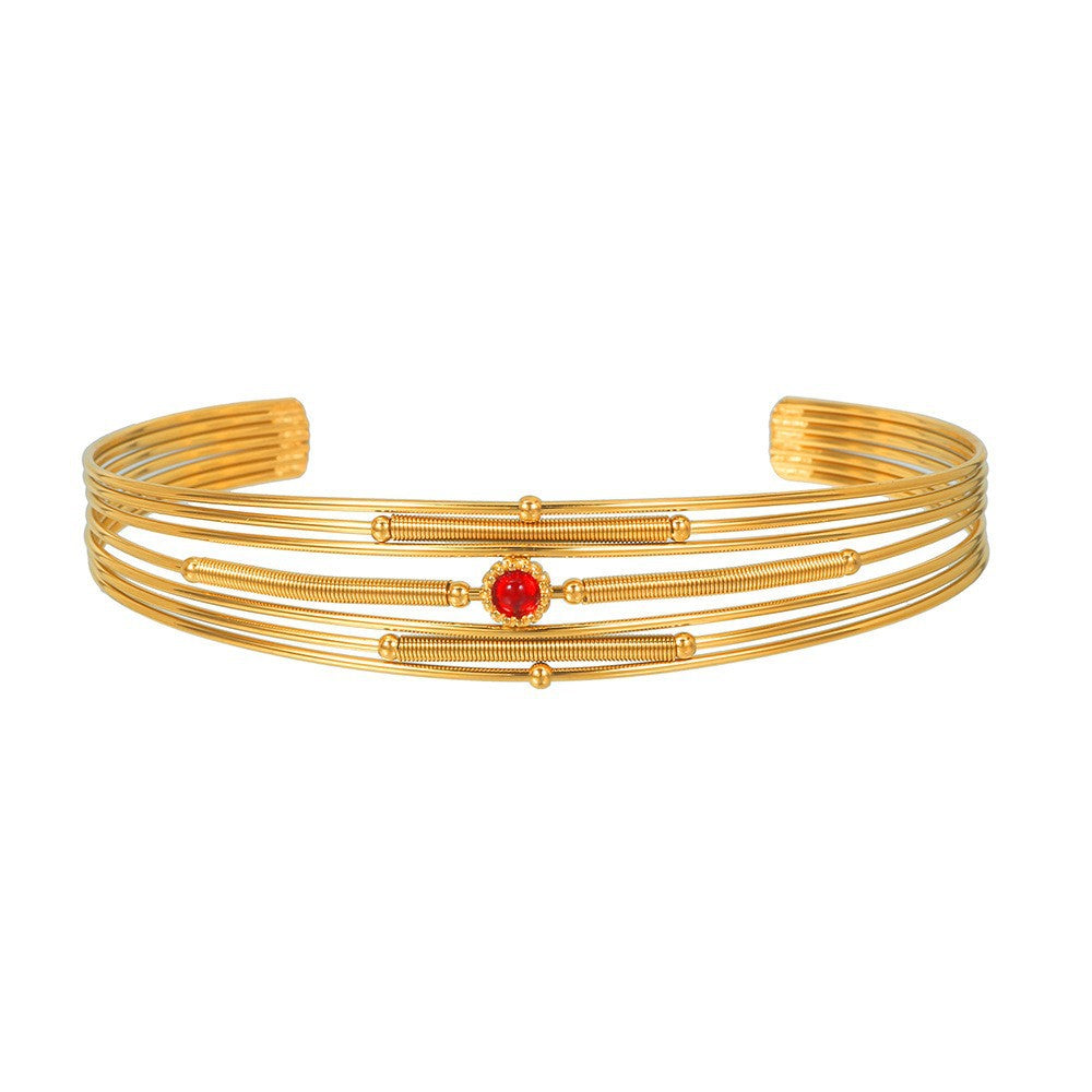 Minimalist Geometric Round Stainless Steel Cuff Bracelet with Gemstone Inlay for Women