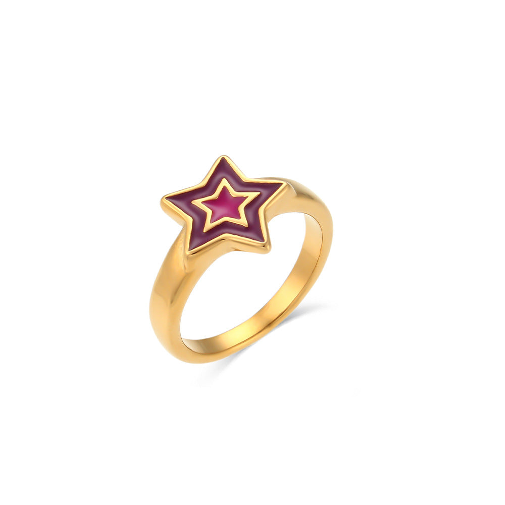 Minimalist Bohemian Star-Shaped Stainless Steel Ring for Women with Enamel Finish and Geometric Design