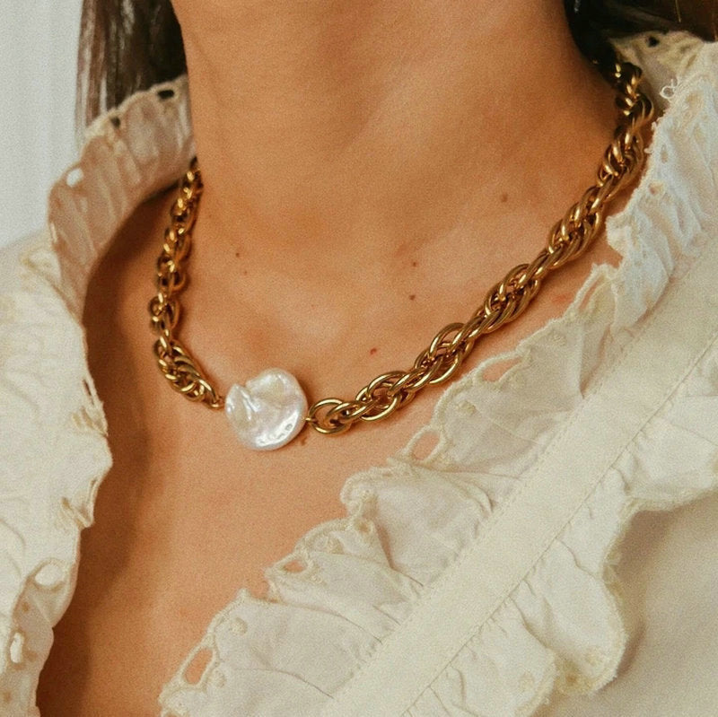 Fashionable Ins Style Geometric 18K Gold Plated Stainless Steel Multi-Layer Twisted Chain Pearl Necklace for Women