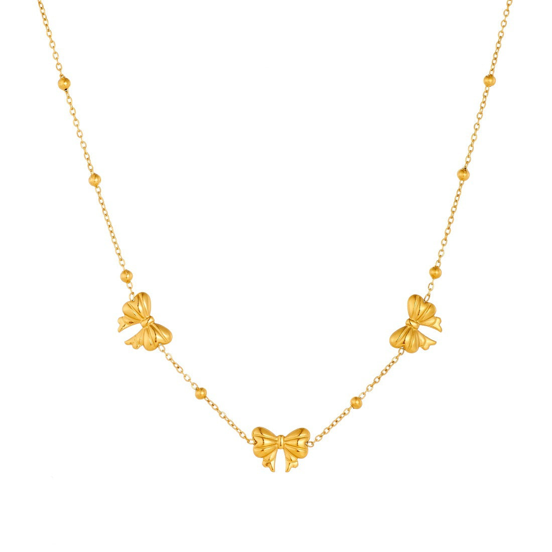 Minimalist Gold Plated Stainless Steel Ball Chain Necklace with Bow Pendant for Women