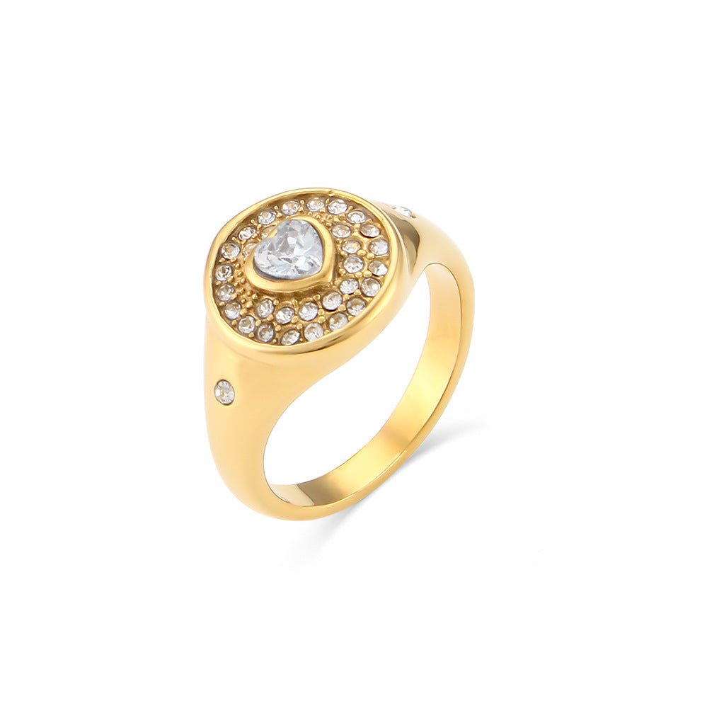 Vintage Minimalist Geometric Stainless Steel Plated 18K Gold Heart-Shaped Zircon Ring for Women