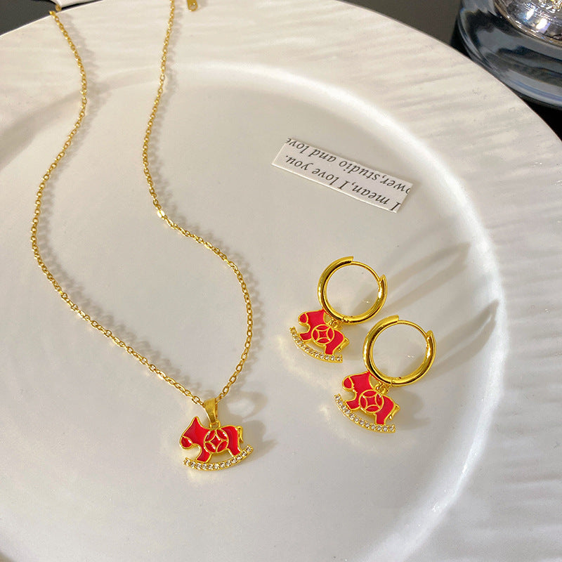 Sweet Sporty Micro-Paved Cubic Zirconia Red Horse Animal Pendant Titanium Steel Necklace with Matching Earrings