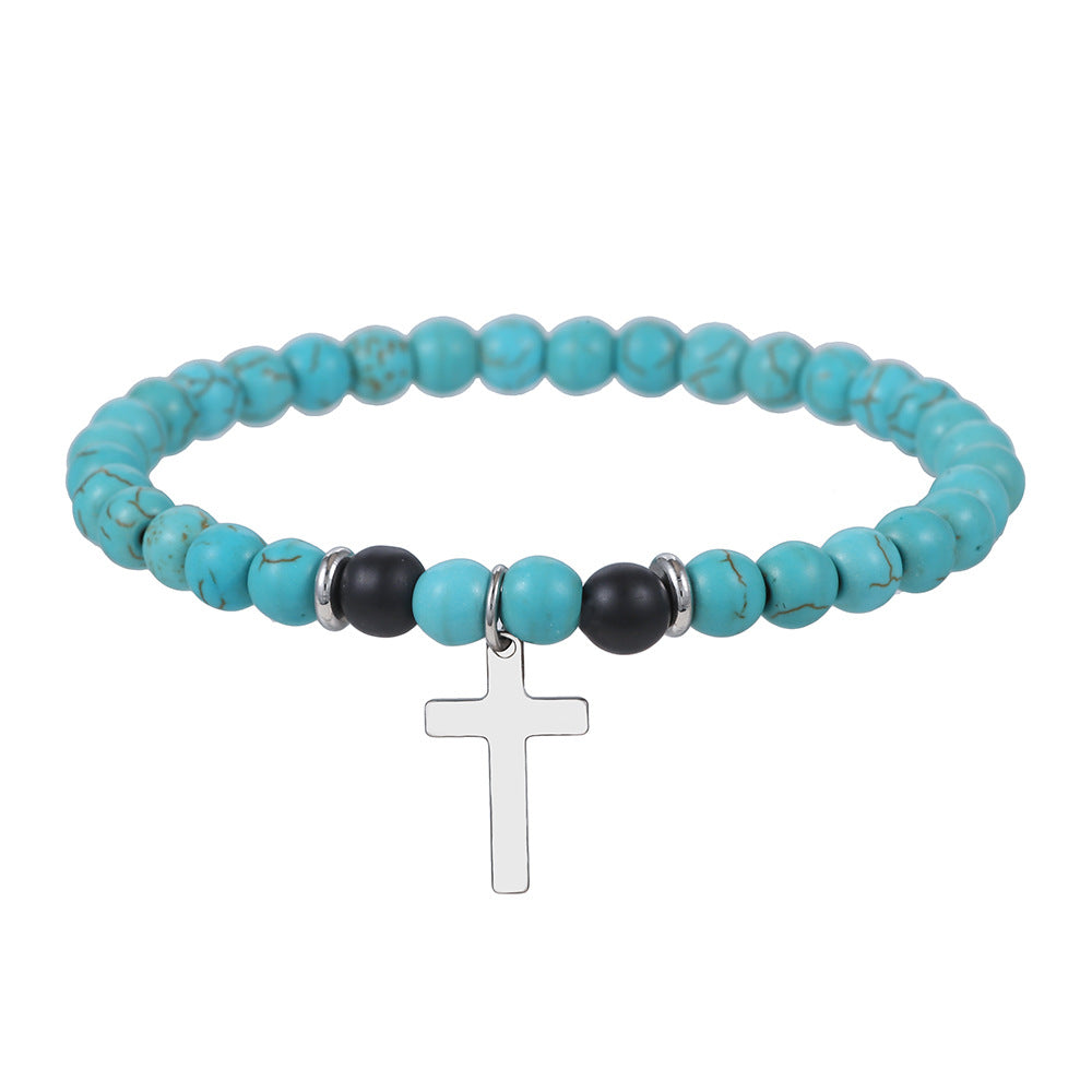 Bohemian Ethnic Turquoise Beaded Bracelet with Cross Pendant