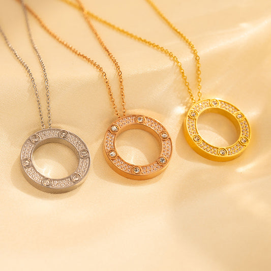 Minimalist Round Pendant Necklace for Women Titanium Steel with Rhinestone Inlay Snake Chain
