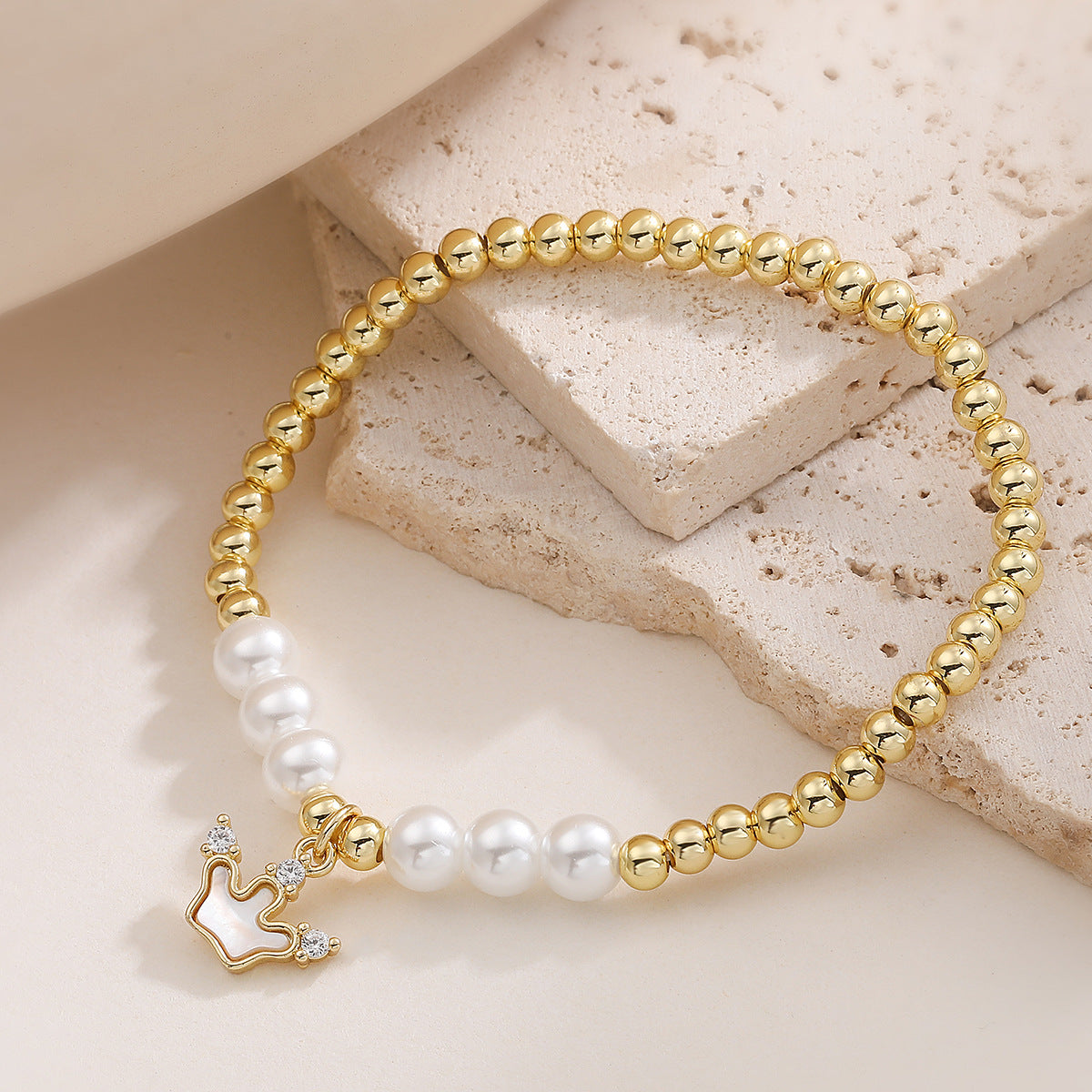 Elegant 18K Gold Plated Brass Butterfly Heart Geometric Pendant with Cubic Zirconia and Pearl Bracelet for Women