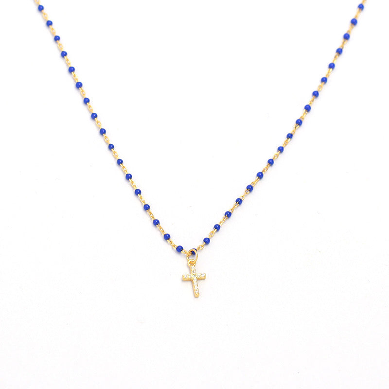 S925 Sterling Silver Cross Pendant Necklace with Rhinestone Inlay, Minimalist Luxury Design for Women, Resin Coated, Fashion Casual