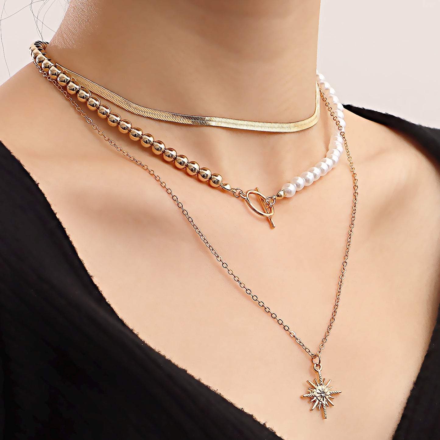 Vintage Geometric Hexagram Alloy Necklace with Plated Finish for Women, Flat Snake Chain Style with Pearl-Like Beads