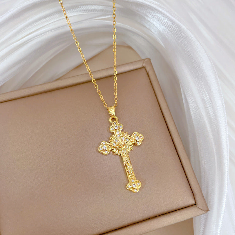 Collana minimalista con ciondolo a croce e intarsio di zirconi su catena in acciaio al titanio per donna e uomo