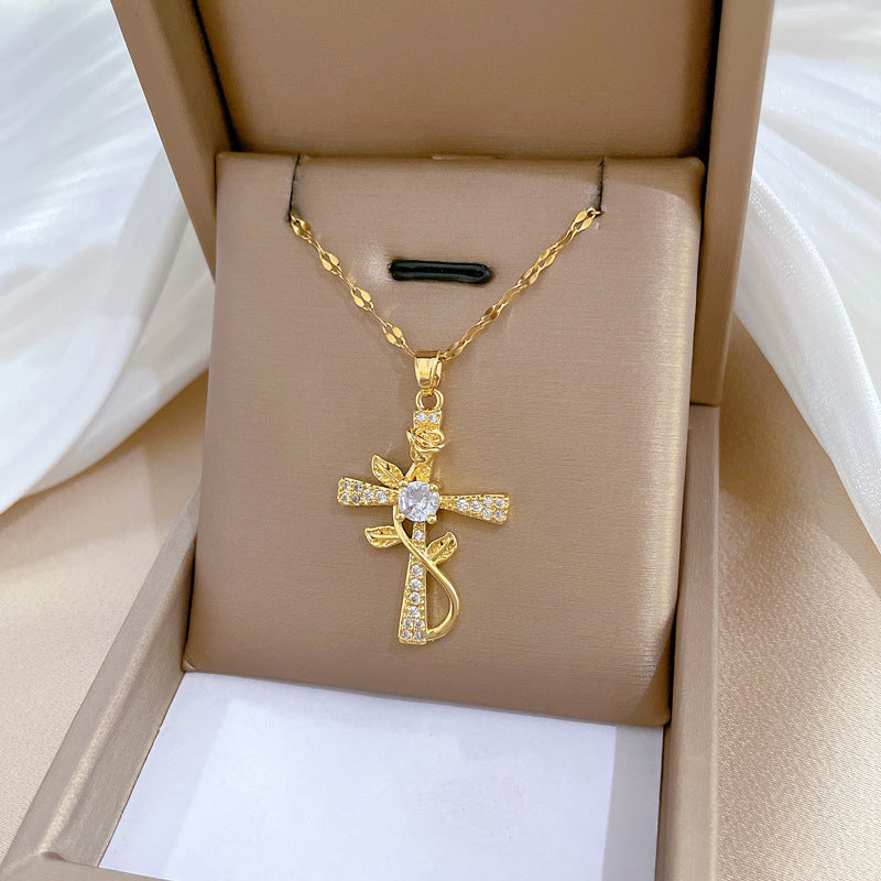Luxury Titanium Steel Cross Flower Pendant Necklace for Women with Rhinestone Inlay, Geometric Design, Delicate Clavicle Chain