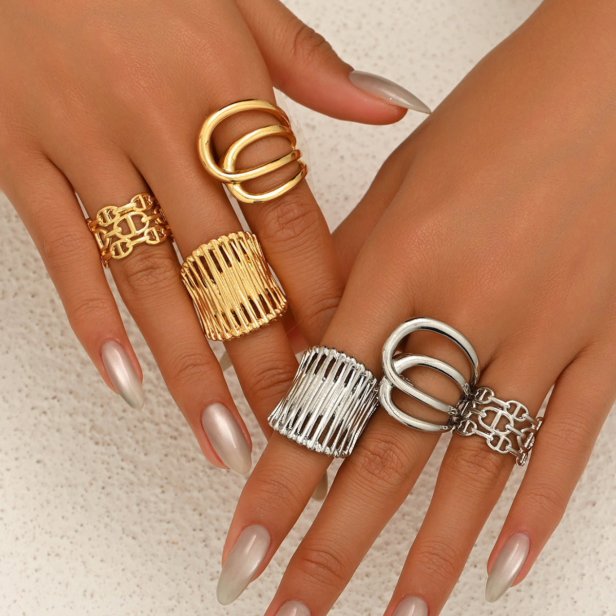 Juego de anillos ajustables de aleación de zinc pulido geométrico para mujer con patrones circulares y de anillos, joyería de mano minimalista de moda