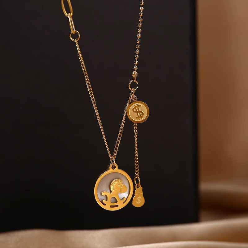 Fashionable OL Geometric Titanium Steel Necklace with Gold Inlay and Wavy Chain for Women